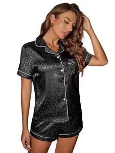 2 Piece Women's Satin Leopard Print Pajama Set, Fashionable Open Collar Nightwear for Summer, Sexy Fitted Lounge Wear