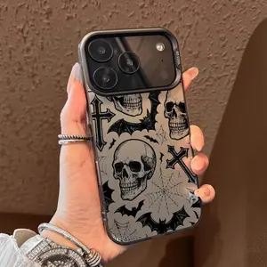 Black Love Skull Pattern Case for iPhone 17 Pro Max 17 Air 16/15/14/13/12/11 Pro Max XR XS E Plus Retro High-end Shockproof Drop Screen Protection Cute Durable PC Smartphone Cover