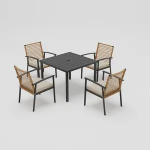 LAUSAINT HOME 5-Piece Outdoor Patio Dining Set, Wicker Patio Furniture Set of 4 Chairs with Soft Cushions and Square Table with Umbrella Hole, Conversation Set for Backyard, Garden, and Poolside