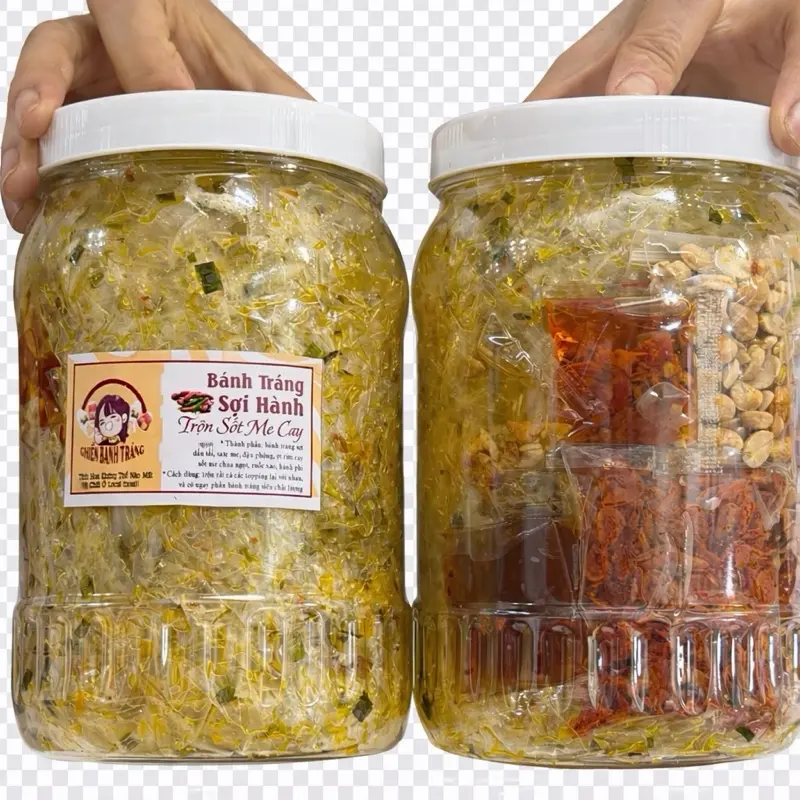Vietnamese Spicy Rice Paper with Chili Oil & Scallion Oil 10.5oz-Bánh Tráng Trộn Sate Mỡ Hành 300g/hủ-Vietnamese Food Product Contains Peanuts Shrimp Soy - Salt, Onion