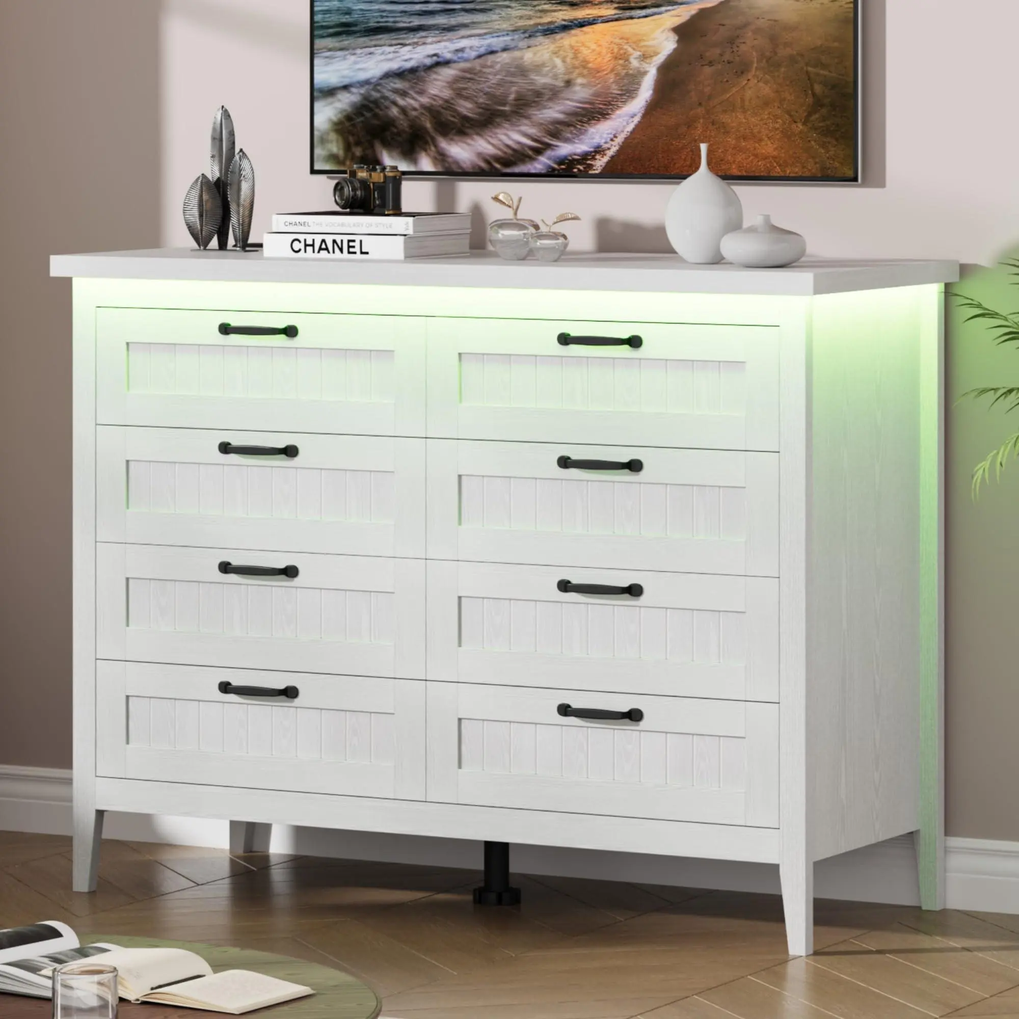 8 Drawer Dresser with Charging Station & LED Lights | White Slim Wooden Chest of Drawers, Farmhouse Style Clothes Organizer for Bedroom, Closet, Dorm, and Apartment