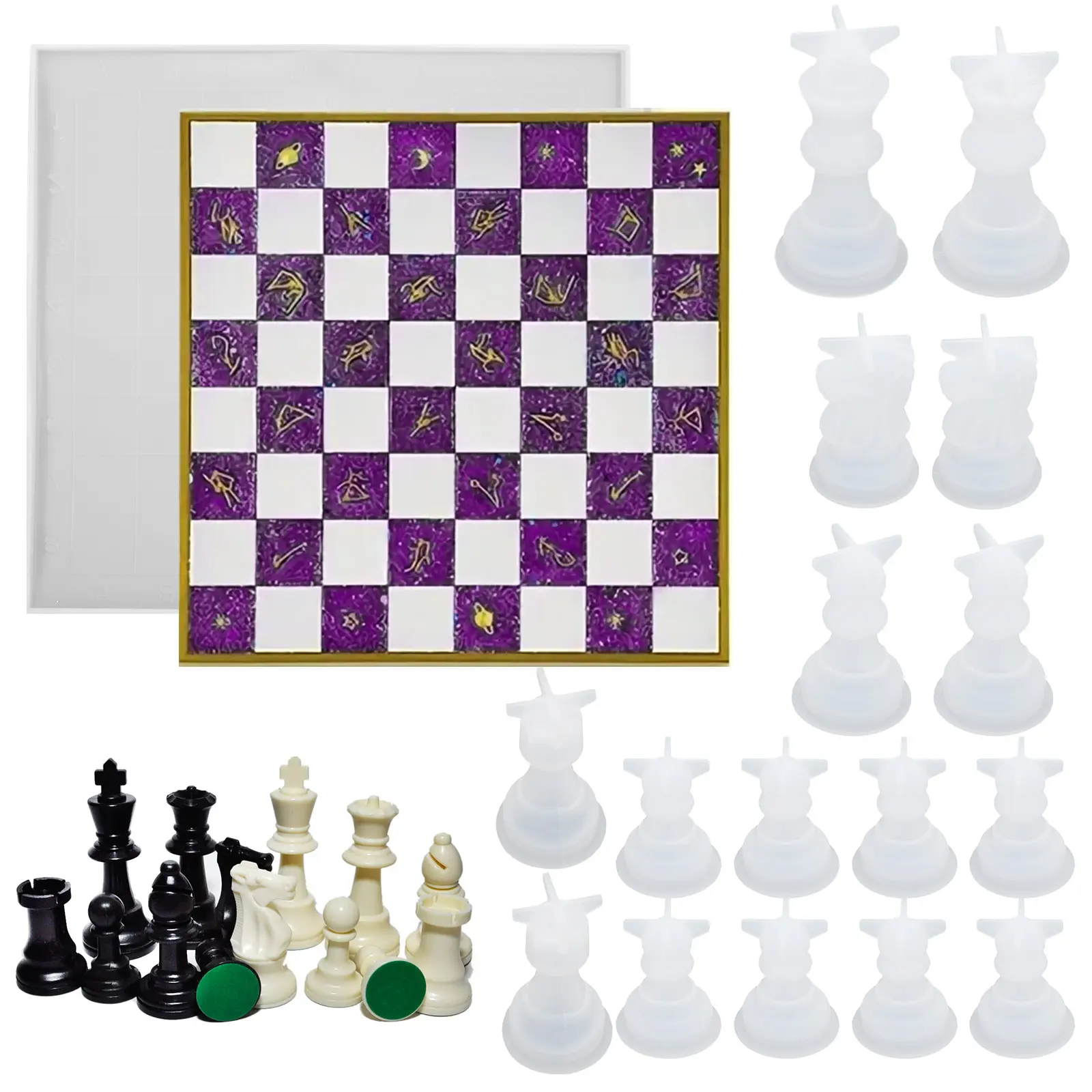 17Pcs Chess Set with Checkers Board Silicone Resin Mold - Full Set Chess Epoxy Casting Molds,for DIY Art Crafts Making, supplies for Family Party  Home Decoration