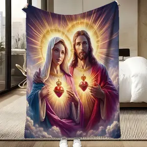 Divine Faith Cozy Blanket, All-Over Golden Ray Halo Cloud Two Sacred Hearts Virgin Mary Jesus Religious Art Design Throw Blanket, Soft Flannel for Sofa Lounge Prayer Nook Space
