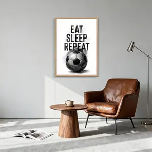 Wall Art Painting  Eat Sleep Repeat Soccer Ball Canvas Print Poster Living Room Bedroom Home Office Match Party Sports Decor, with Wooden Floating Frame Size 18X24inch