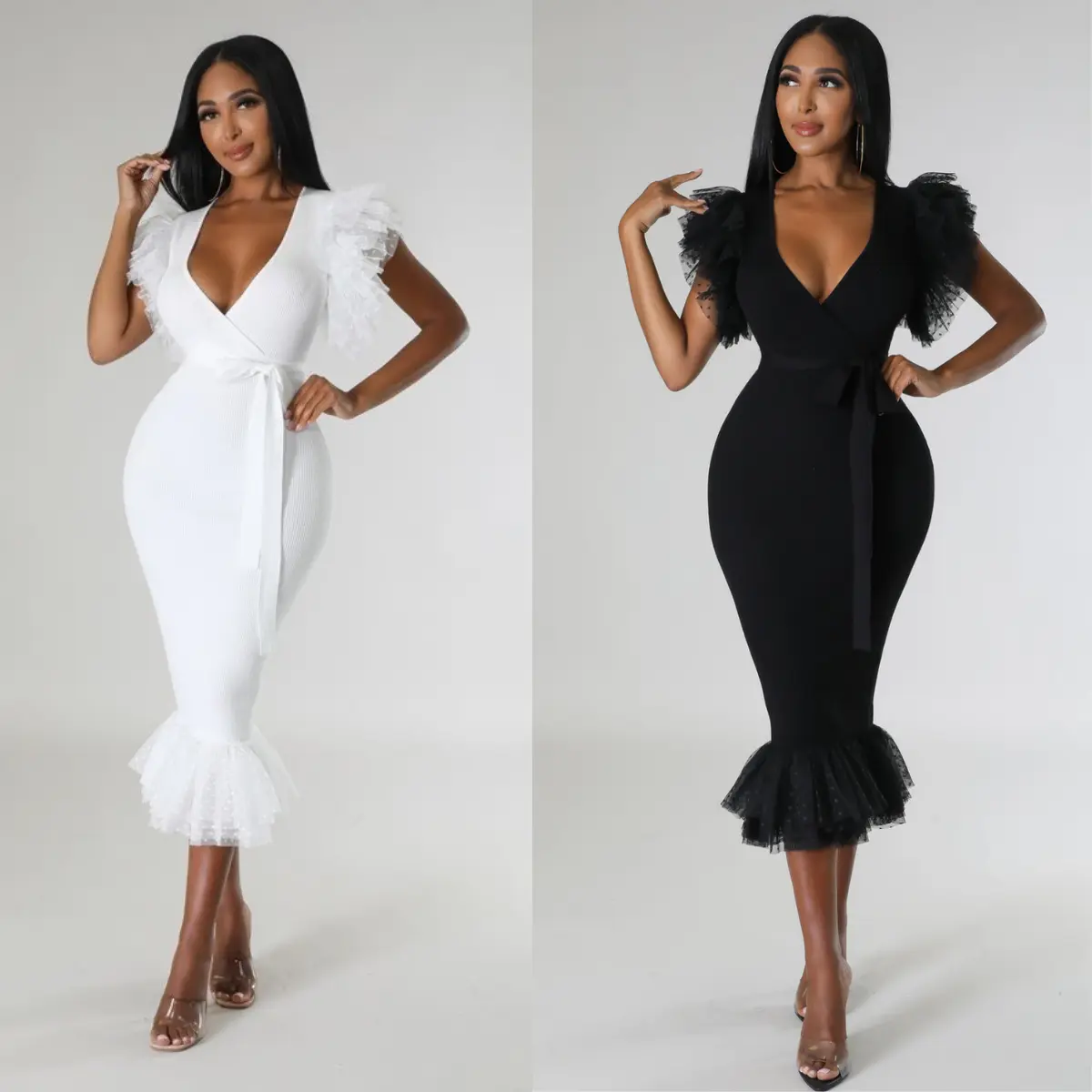 Debarah Short Sleeves Chiffon Ruffles Stretch Dress