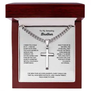 To My Amazing Brother Cross Necklace, Jewelry Anniversary Gifts for Birthday Graduation, Fashionable Cross Necklace with Message Card Box
