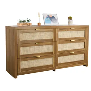 VEVOR 6-Drawer Rattan Bedroom Dresser, Walnut Modern Wood Double Dresser with Metal Handles, Rattan Chest of Drawers for Clothing Organization in Bedroom, Living Room