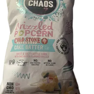 chaos, delightfully disruptive, drizzle popcorn, cold, stone creamer, cake, batter, sweet and salty kettle corn with cake batter flavored drizzle no high features corn syrup made with king sugar and sea salt no artificial colors or flavors gluten fr Candy