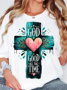 Christian Faith T-Shirt for Women - "God Is Good Forever" Design Featuring a Cross, Soft And Breathable Fabric, Ideal for Church And Casual Wear - Teal And Coral Pink Bible Affirmation Apparel, Spiritual Style, Comfortable Fit