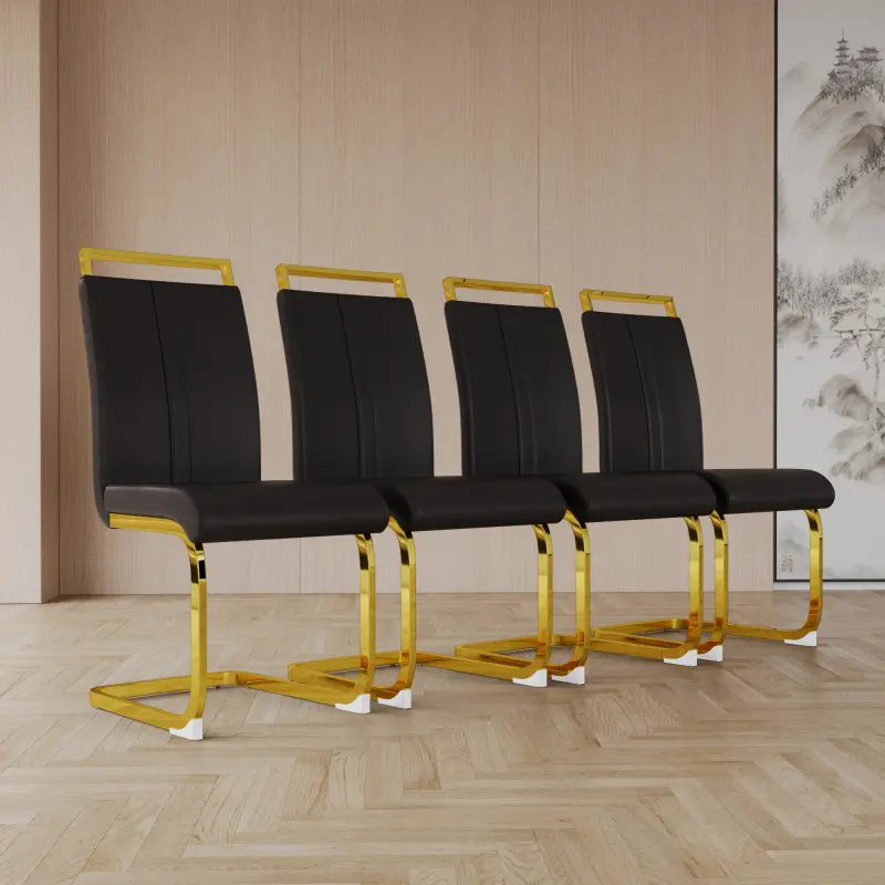 Dining Chairs Set of 4, Modern PU Faux Leather High Back Upholstered Side Chair with C-shaped Tube. Plating Golden Metal Legs for Dining Room Kitchen Vanity Patio Club Guest Office Chair