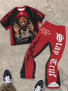 Teen Boys Hip Hop Style T-Shirt and Long Pants Set, Loose Fit Round Neck Short Sleeve, Casual Daily Wear