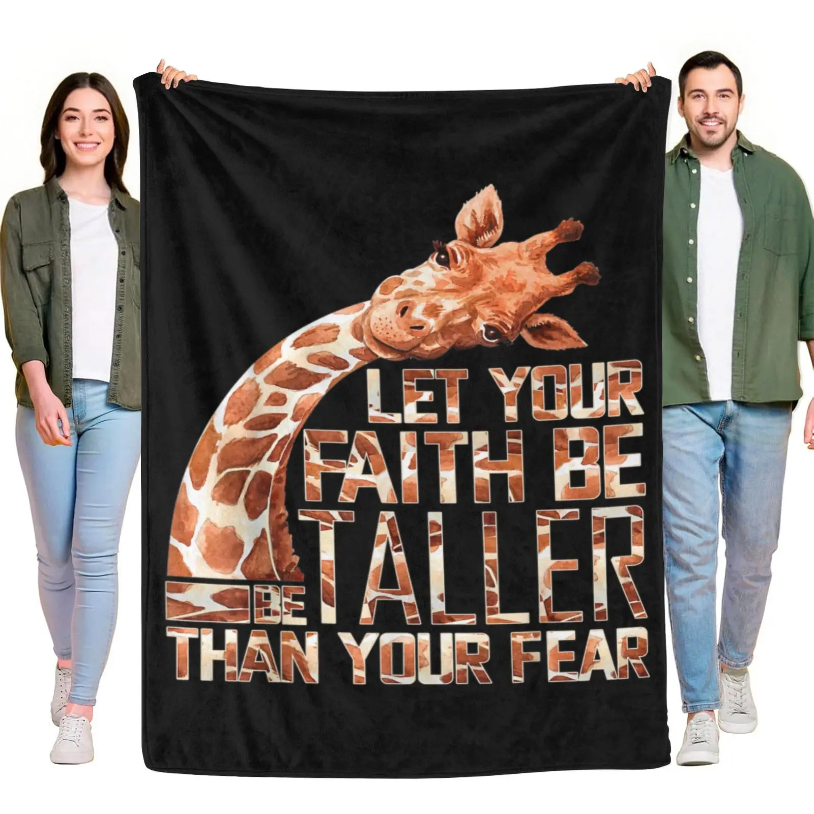 Flannel Throw Blanket, Let Your Faith Be Taller Than Your Fear Watercolor Giraffe Christian Inspirational Faith Text Black Background Blanket