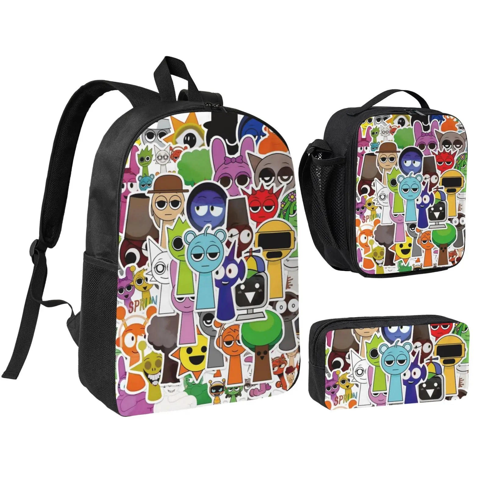 Sprunki Backpack Cute 3-Piece Cartoon Backpack Set Pencil case Lunch Bag, Large Capacity 17 inch Laptop Backpack Game Cartoon Pattern Travel Daypack