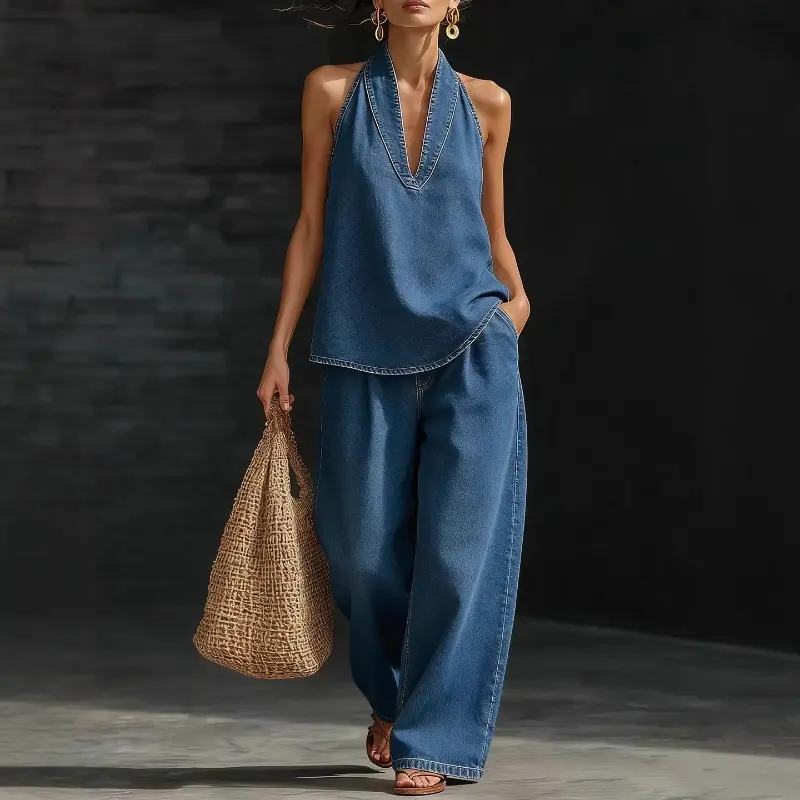 Women's Denim 2 Piece Set Casual Halter Deep V Neck Top and Baggy Wide Leg Jeans Matching Outfit Y2K Streetwear Summer Sleeveless Chambray Co-ord Relaxed Fit Everyday Wear Two Jean Suit Lounge Chic Effortless Fashion