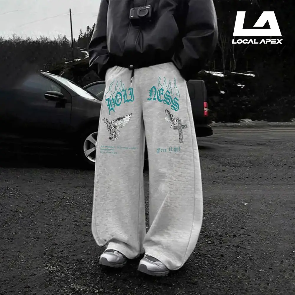LOCAL APEX Men's Streetwear HOLINESS Flame Font Dove Cross Oversized Sweatpants Ultra Soft Premium Fleece Light Gray Comfortable Relaxed Fit Trendy Everyday Casual Perfect for Daily Outings Street Style Gatherings Edgy Fashion