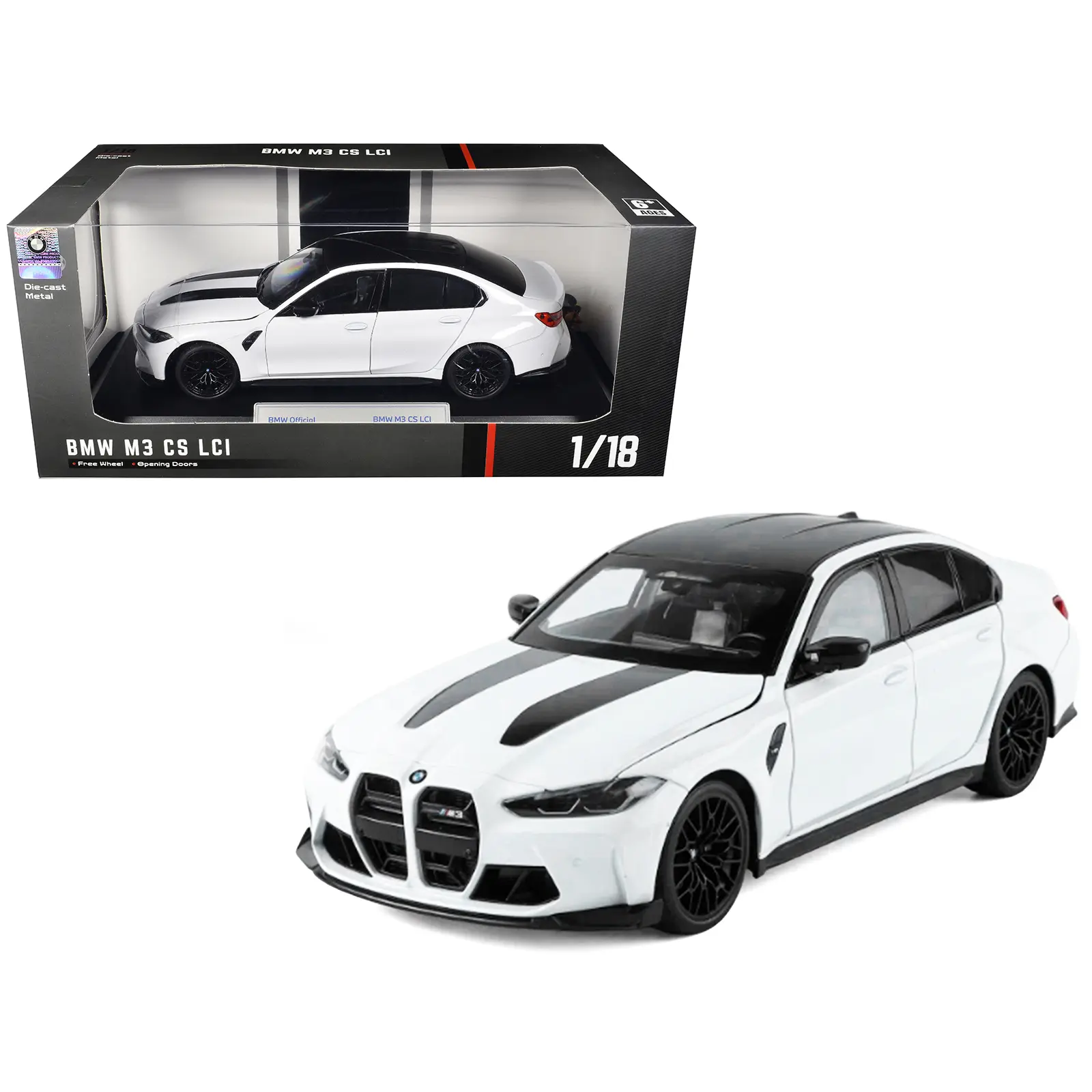 BMW M3 CS LCI White Metallic with Matt Black Top and Hood Stripes 1/18 Diecast Model Car by Heimanba
