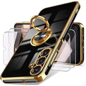 Dretal for Samsung Galaxy A17 5G Case, Screen Protector, 360° Rotatable Ring Holder Magnetic Kickstand,Plated Gold Edge Slim Soft TPU Protective Phone Cover for Galaxy A17 5G (Black)