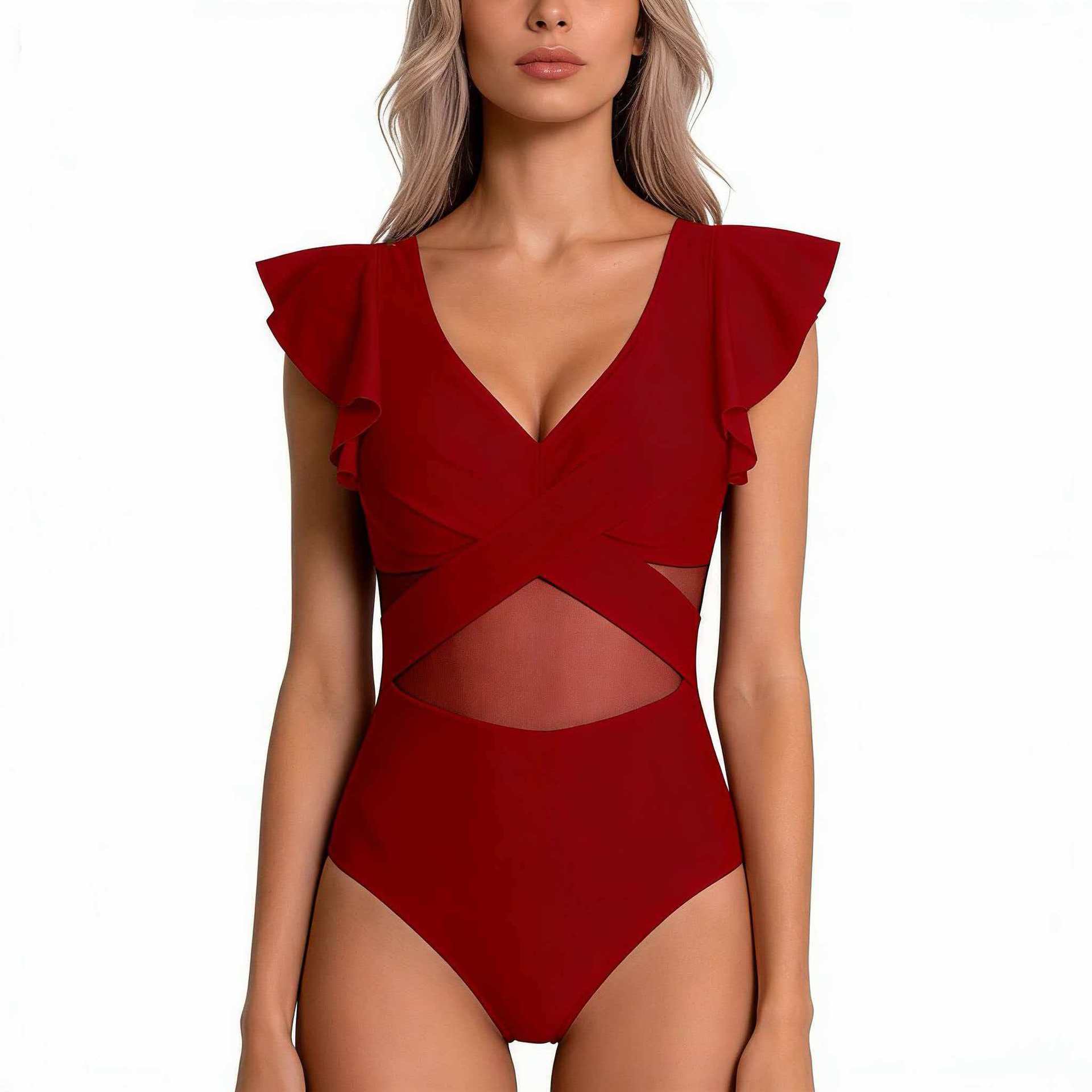 New European and American style swimsuit, mesh bikini, women's quick-dry sports one-piece swimsuit