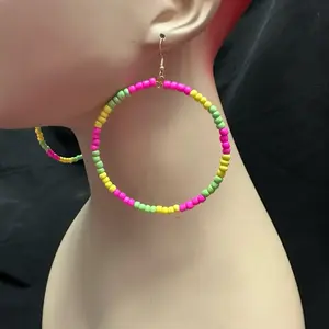 Medium Rainbow Beaded Dangle Hoop Earrings - Round Shape, Casual Style, Bead Work, Brightly Colored, Multi-Color, Perfect for Everyday Wear, Dangle Earrings, Bead Work Earrings