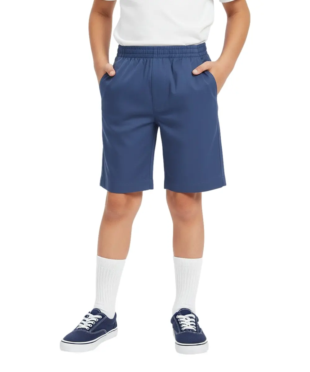 School Uniform Pull-On Blue Shorts, Elastic Waist Twill Bottoms, Comfort Fit School Apparel SBU32