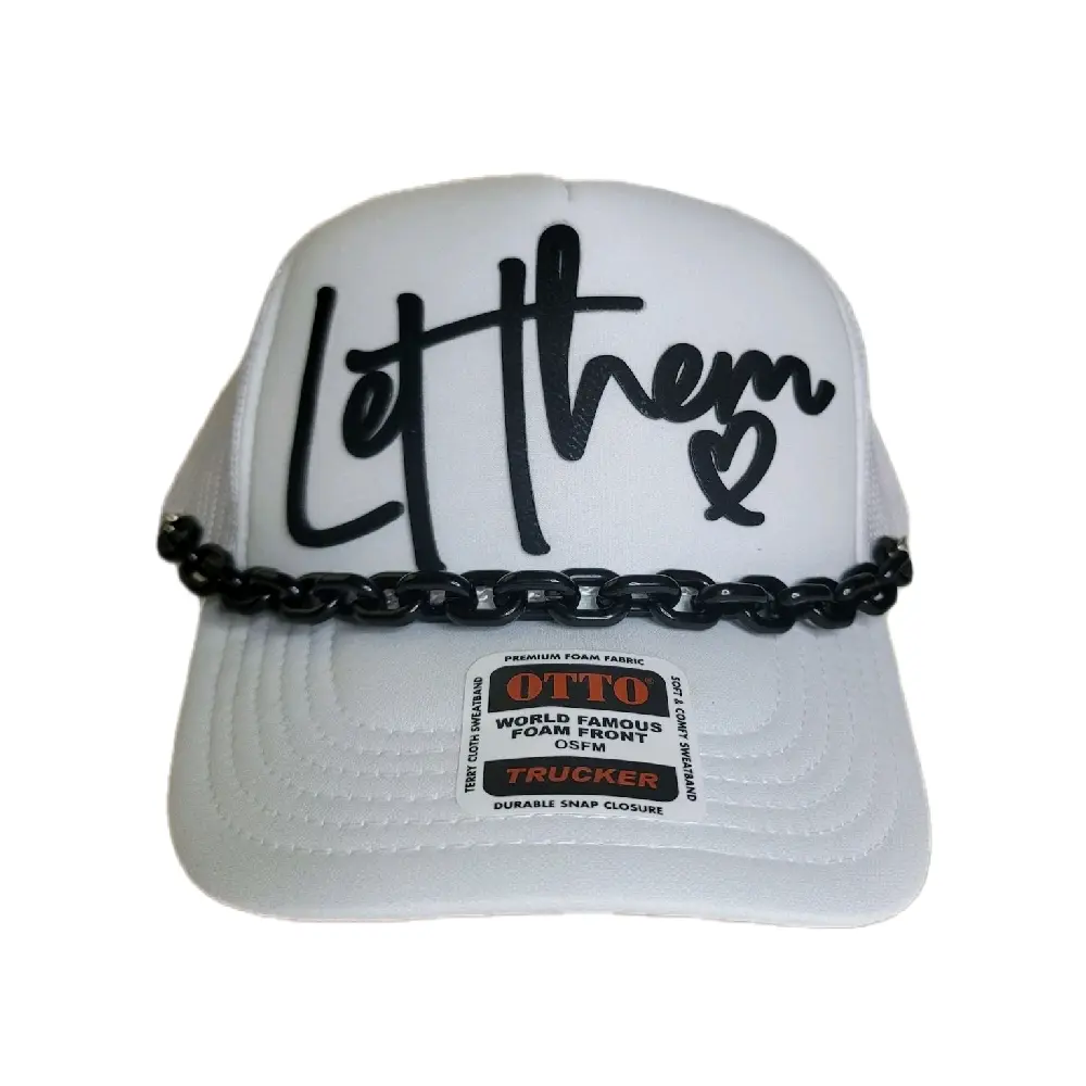 Let Them Trucker Hat with Chain, White Hat with Leather Patch
