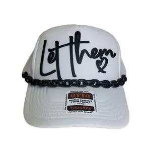 Let Them Trucker Hat with Chain, White Hat with Leather Patch