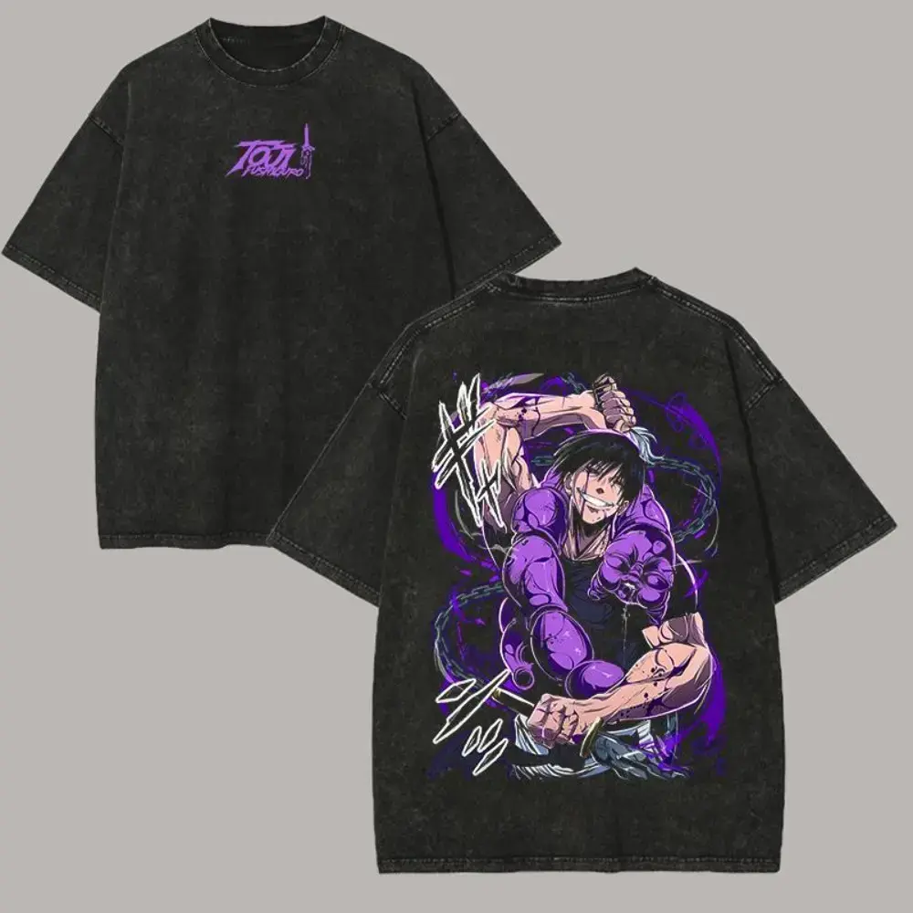 Men's Anime Style Jujutsu Kaisen Fushiguro Toji Graphic T-Shirt - Vintage Washed Cotton, Short-Sleeve, Unisex Oversized Seamless Streetwear for Anime Fans, Round Neck, Tshirt, Graphic Print, Pre-Washed, Apparel, Shortsleeve, Soft, Casual Fit, Relaxed Fit,