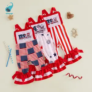 Little Girl 4th of July Overalls American Flag Sleeveless Layered Flare Pants Jumpsuit Casual Toddler Summer Clothes