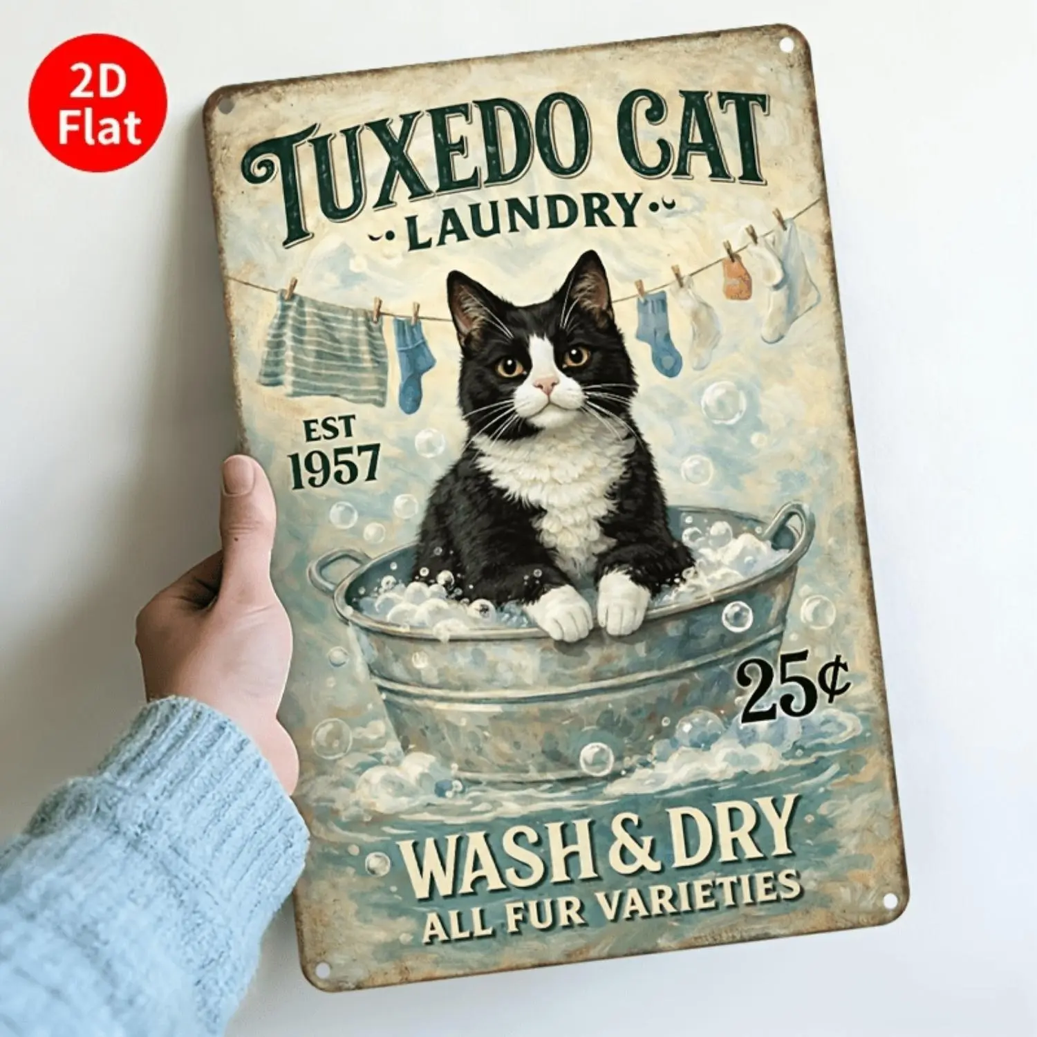 Vintage Metal Sign Featuring Tuxedo Cat Laundromat Established in 1957 for Home Laundry Room Wall Decor Gift 20x30 Cm