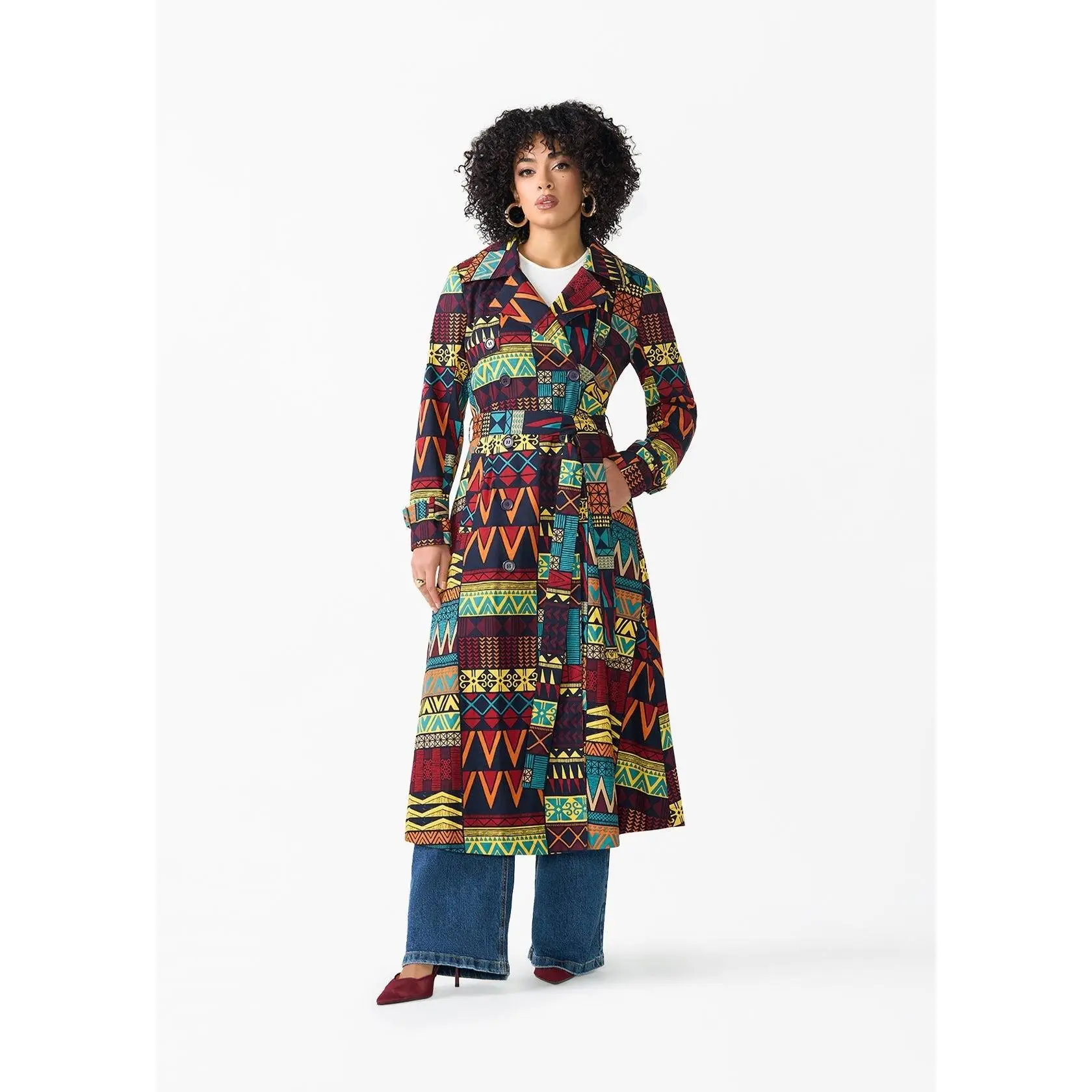 Ebony Women's African Print Utility Trench Coat (Navy Multicolor Kente)
