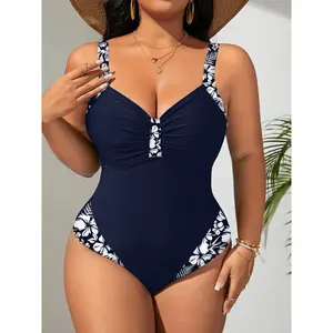 Women's Plus Size 1-Piece Swimsuit - Color Blocked Flower Print, V-Neck, Waist Cinching, High Stretch Fabric for Sports & Outdoor Use