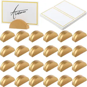 24 Pcs Gold Wooden Table Number Stands Semicircular Design Place Card Holders with 24 Pcs Tented Cards for Retail Shop Wedding Party Events Decoration