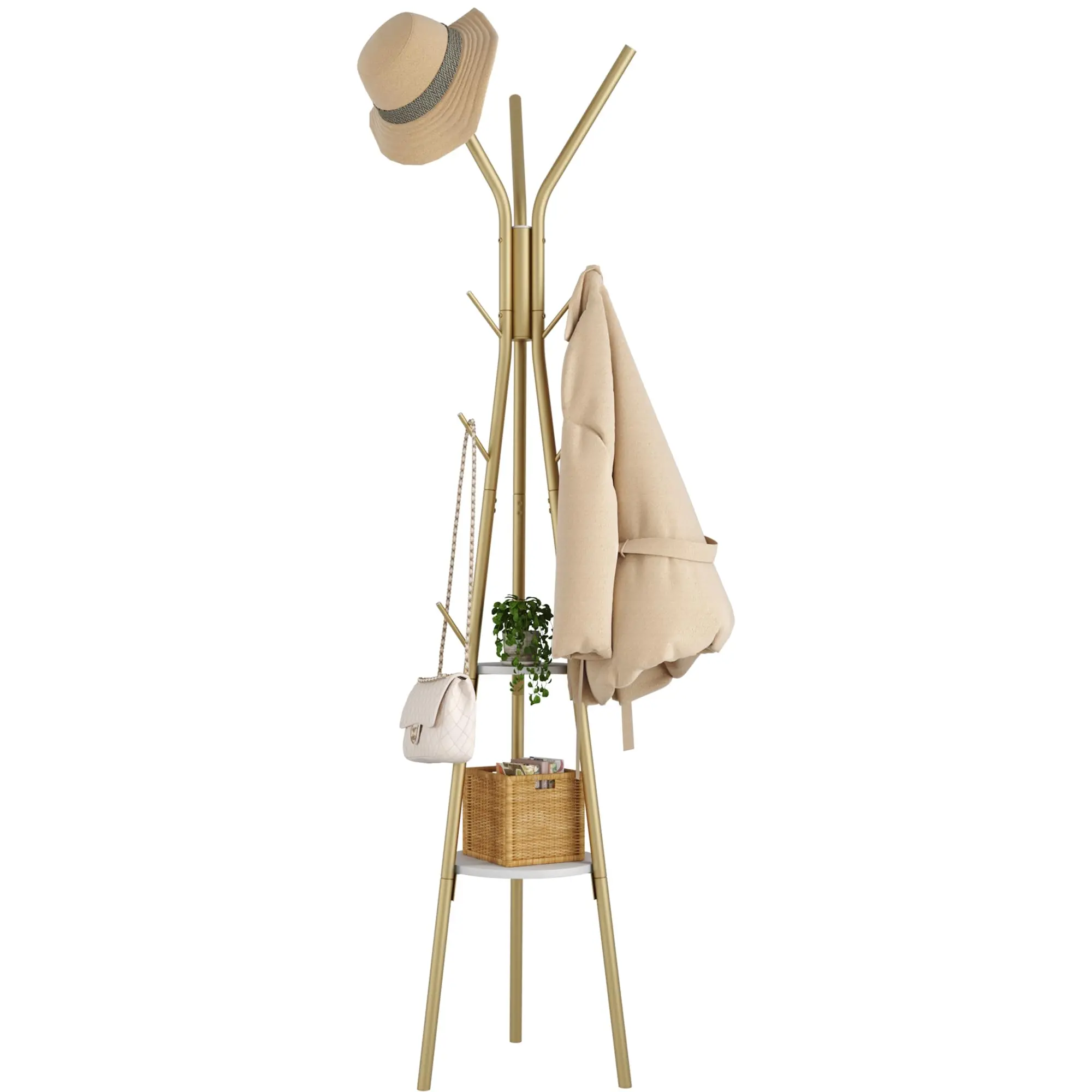Coat Rack  Hanger Stand With 2 Shelves Freestanding Hall Tree Metal Hat 12 Hooks For Clothes Hats And Scarves (gold)