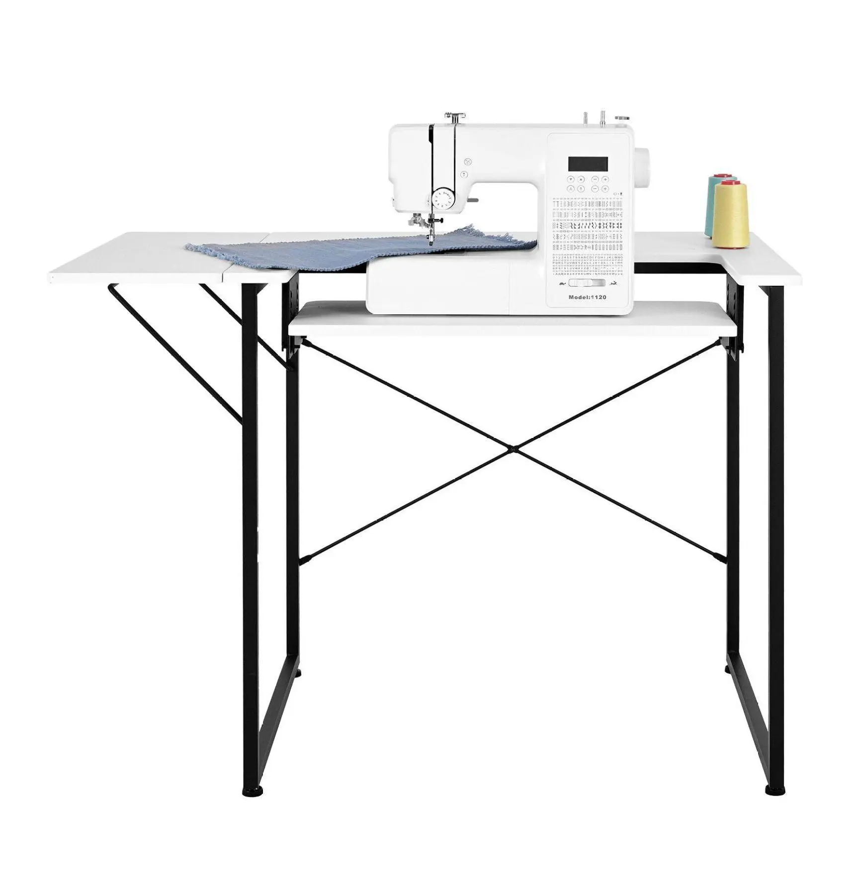 Sewing Table with Foldable Shelf - Adjustable Sewing Machine Table - Steel Leg Computer Desk for Home Studio - White Default