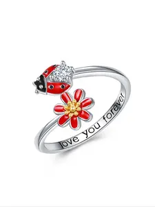 925 Sterling Silver Fashion Ladybug & Flower Design Cuff Ring, Elegant Rhinestone Decorated Enamel Ring for Women & Girls, Trendy All-match & Exquisite Jewelry for Birthday Gift, Promise Ring