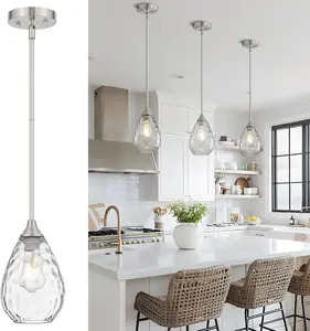 Glass Pendant Lights Kitchen Island, 1-Light Modern Brushed Nickel Fixtures with Hammered Glass & Rods Small Hanging Light for Kitchen Sink Dining Room Bathroom