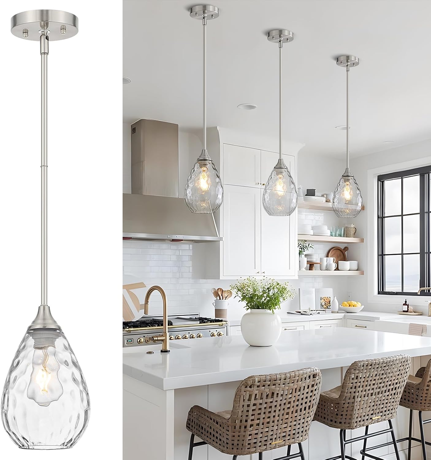 Glass Pendant Lights Kitchen Island, 1-Light Modern Brushed Nickel Fixtures with Hammered Glass & Rods Small Hanging Light for Kitchen Sink Dining Room Bathroom