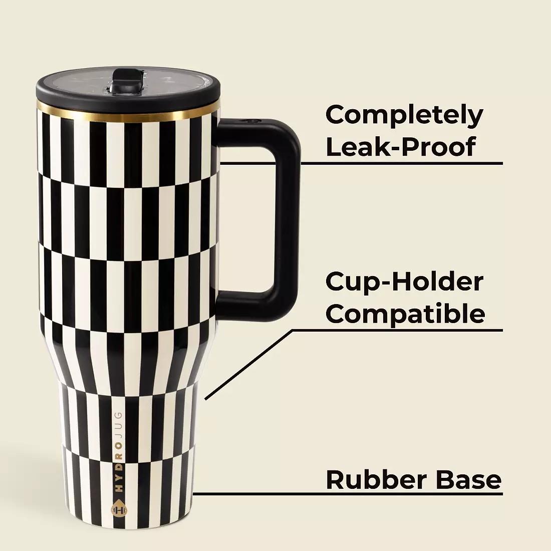 HydroJug40oz Traveler Stainless Steel Tumbler (Black Tie Edition) Aesthetic Black & White Checkerboard Grid Travel Mug  24H Cold Retention Leakproof Insulated Cup with Handle and Straw for Travel & Fitness