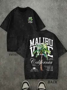 Men's Summer Vintage Malibu Theme T-Shirt, Distressed Washed Look, Loose-Fit Long Tee, Casual Streetwear for Daily Wear