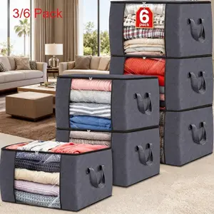 60L Grey Fabric Storage Bins with Lids & Clear Window, 3/6 Pack/Set Collapsible Closet Organizers with Handles for Clothes, Blankets, Under Bed Storage, Space Saving Bag