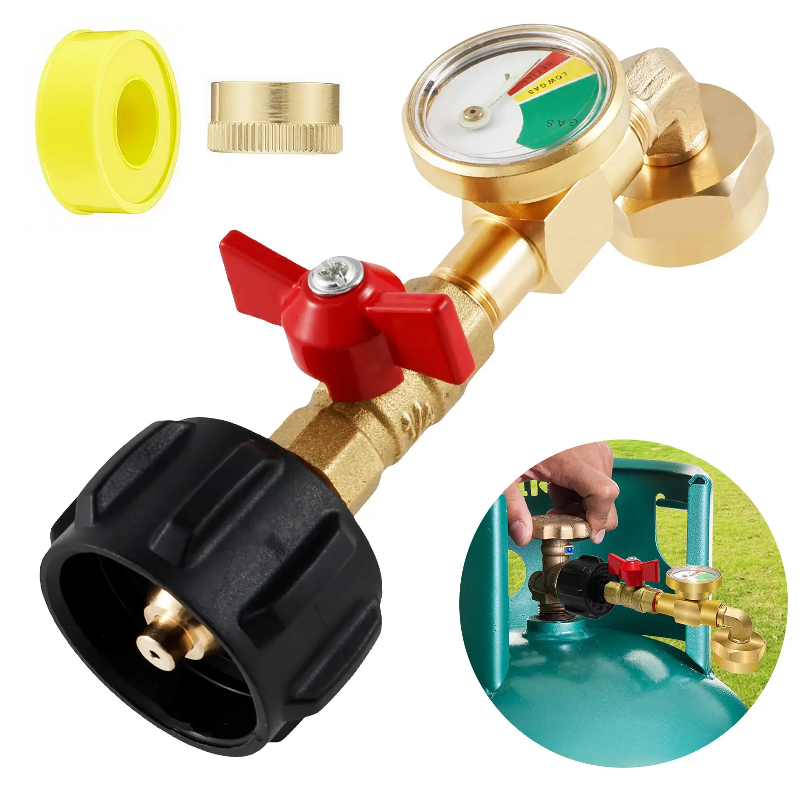 Propane Refill Adapter with Valve Gauge,2026 Upgraded Gas Cylinder Filling Connector with Glow In The Dark Meter,Ball Valve Gas Tank Gas Connector