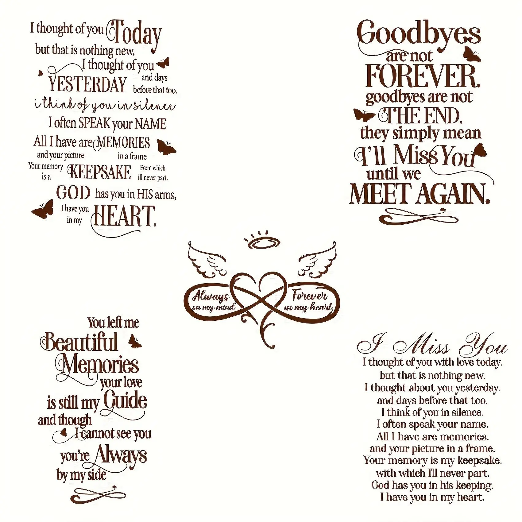 Memorial Poems Vinyl Durable Iron-on Transfer Patches, 5 Counts Quotes & Farewell Messages Heat Transfer Stickers, DIY Clothing Decals for T-shirts, Masks, Jeans, Backpacks, Heart