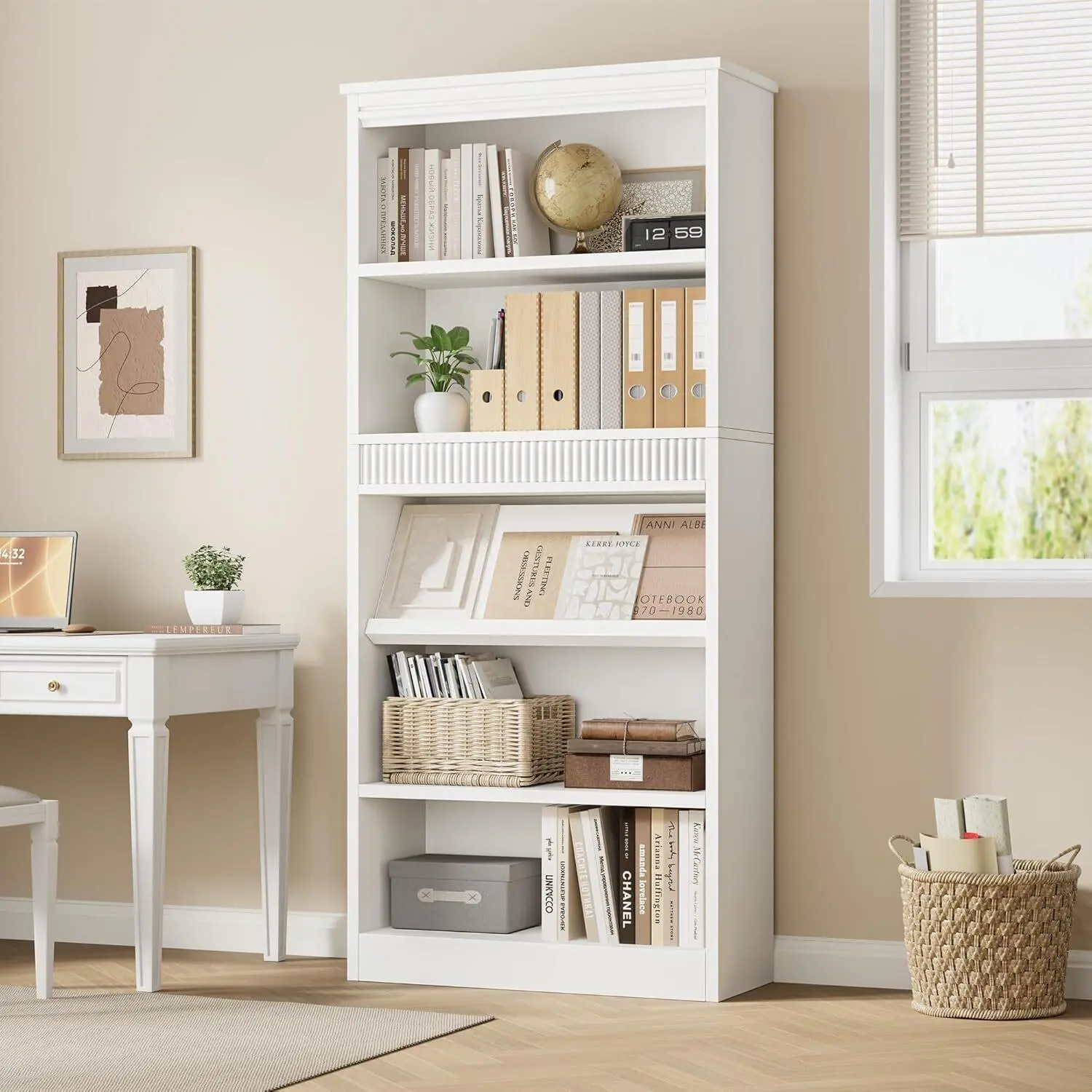 71inch Tall Bookcase w/Display Rack Fluted Design 5 Tier Vintage Bookshelf with Wooden Base, Wood Bookshelf Rustic Vintage Book Shelf for Office Library-White