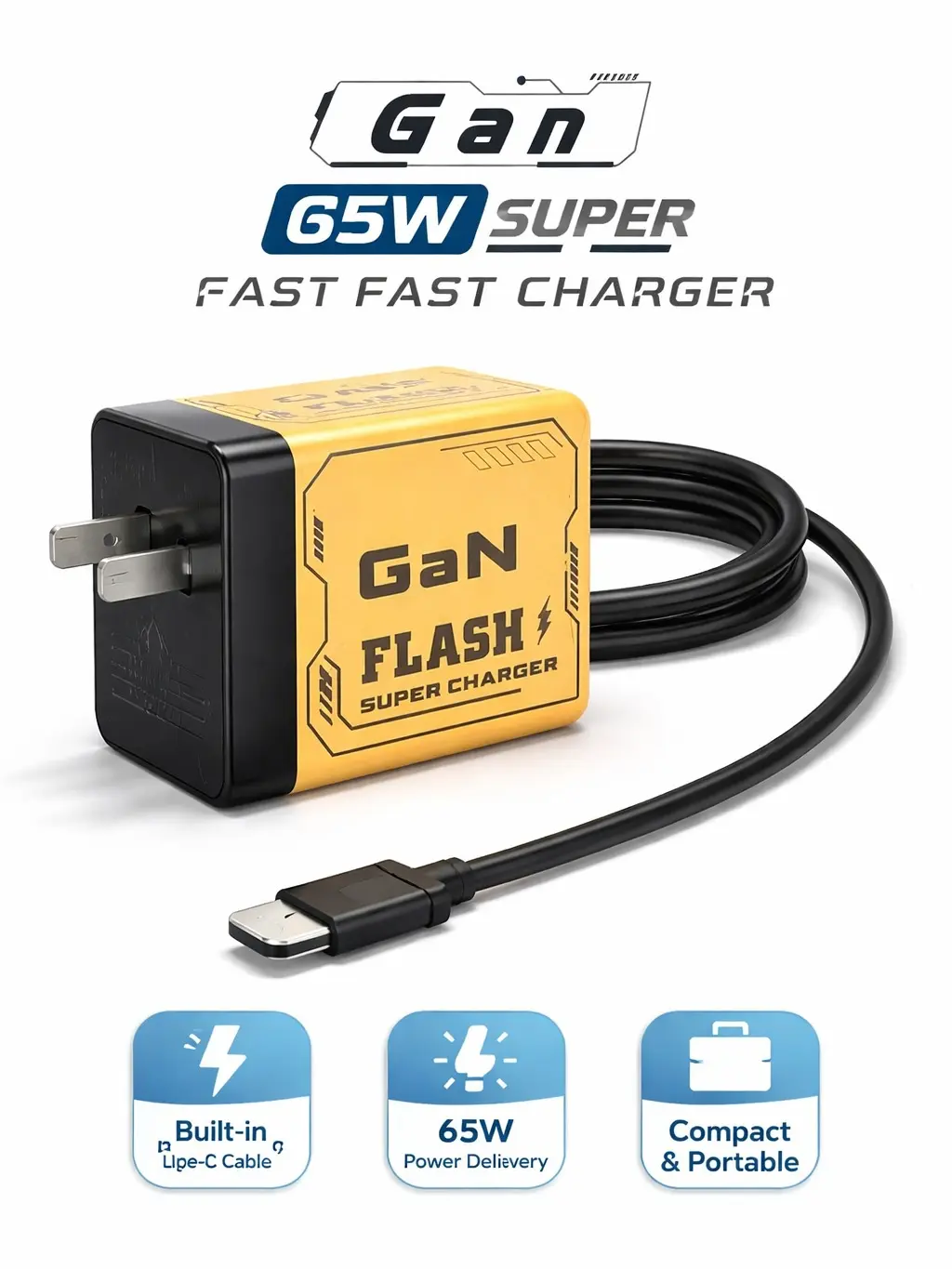 65W GaN High-Efficiency Wall Charger Block, Compact EU-Type with Built-in USB-C Cable for Smartphones, Android Devices