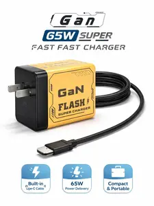 GaN Flash 65W Super Fast Charger with Built-in Type-C Cable – Compact USB-C Wall Charger Block