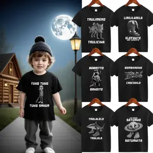 Italian Brainrot Gen Z Humor Meme Kids Tung Tung Tung Sahur Tralalero Tralala Toddler Cotton T-Shirt Girls/Boys Funny Tshirt kid graphic tshirt Letter Print Tee