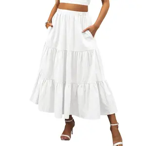 Women’s Summer Boho Flowy Swing Tiered A-Line Maxi Skirt 2026 Fashion Trendy Elastic Waist Pleated Long Beach Dress Womenswear Bottom Basic Minimalist Short