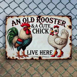 1pc Vintage Farmhouse Chicken Coop Sign - Rooster & Hen Metal-like Look - Distressed White & Black Farm Decor - Rustic Country Kitchen, Barn, or Garden Decoration - Easy Mounting Holes - Durable Aluminum Metal Poster - Chicken Lover Gift - 8x12 Inch Wall