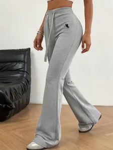 Light gray embroidered drawstring, Elastic waist drawstring high waisted pants for women, with embroidery elements highlighting details. The drawstring waistband is suitable for commuting to work, shopping and outdoor activities
