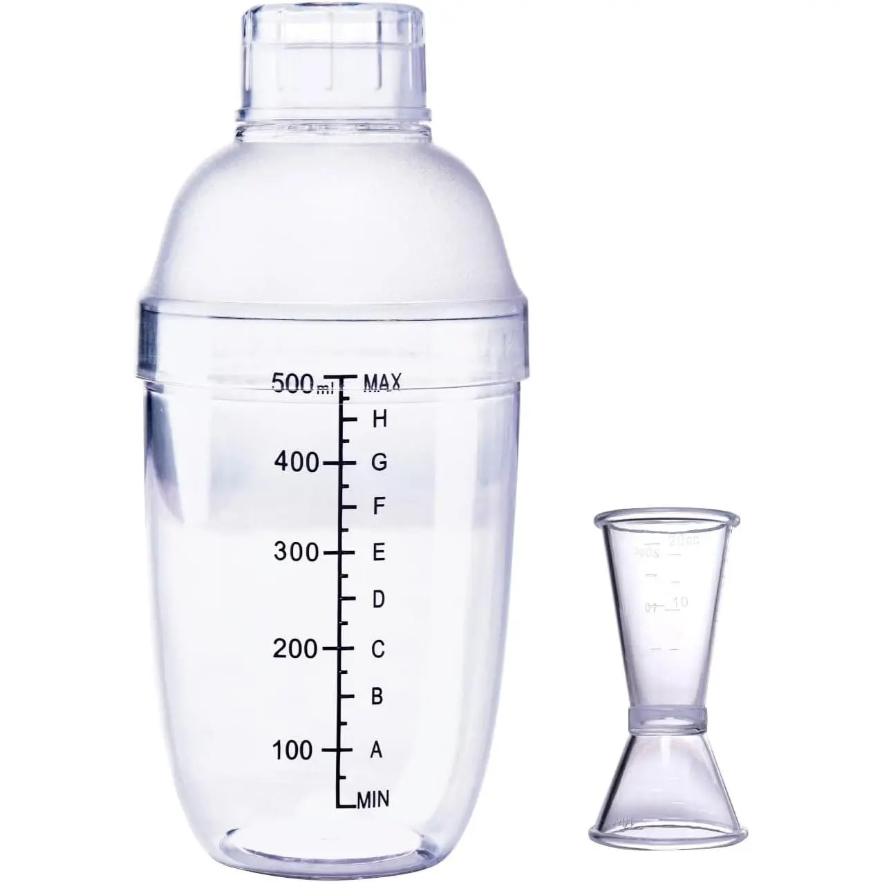 Plastic Cocktail Shaker with Measuring Jigger Set, Hand Drink Mixer for Boba Tea, Transparent Protein Shaker Cup with Scales, Bar Tool 500ML